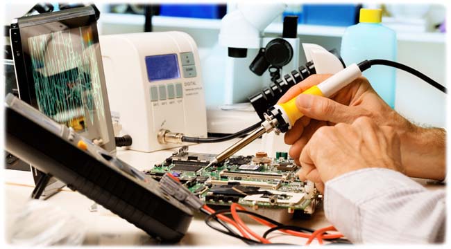Technician repairing LED TV at customer's home